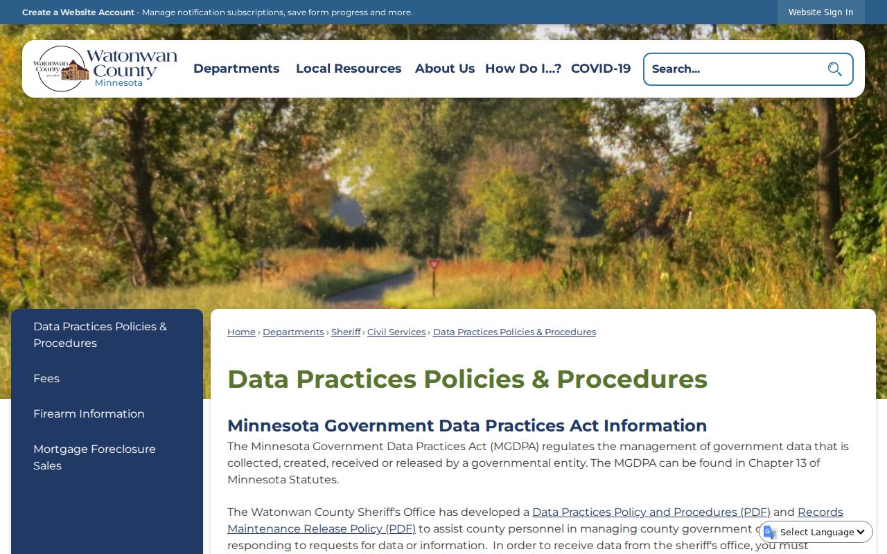 Watonwan County data practices page explaining records requests for Watonwan County warrant records