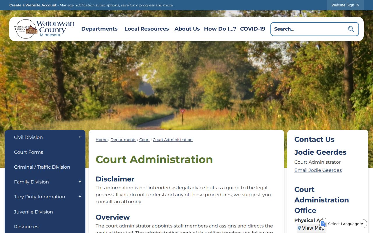 Watonwan County Court Administration page describing criminal and traffic duties for Watonwan County bench warrants