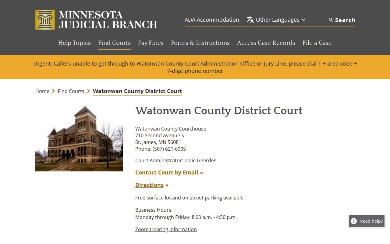 Watonwan County District Court page showing the St James courthouse that handles city ordinance warrant cases