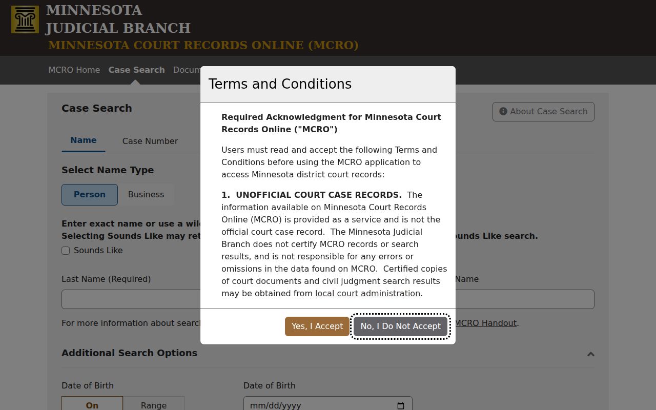 Minnesota Court Records Online search interface used to confirm Watonwan County active warrant status