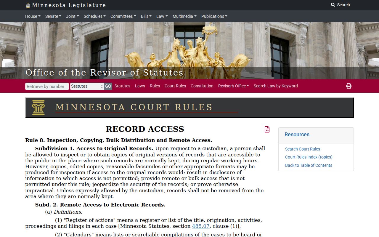 Minnesota public access rule page covering remote access limits for Watonwan County warrant records