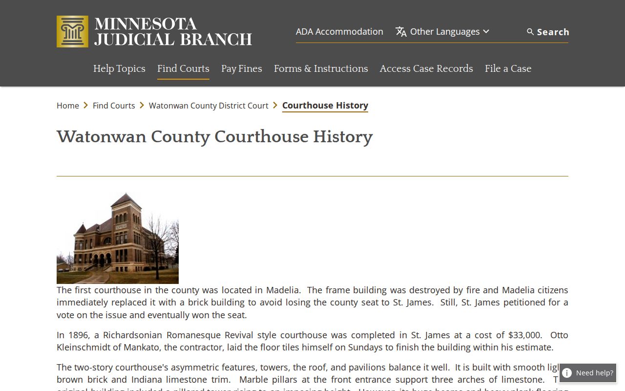 Watonwan County courthouse history page describing the St James building that holds Watonwan County warrant records