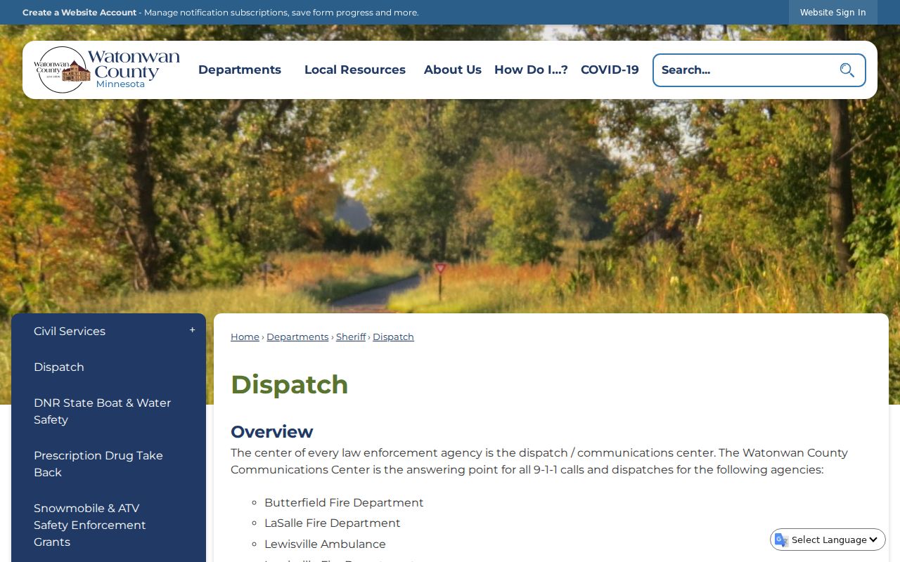 Watonwan County dispatch page describing 24 hour communications used for Most Wanted sightings in Watonwan County