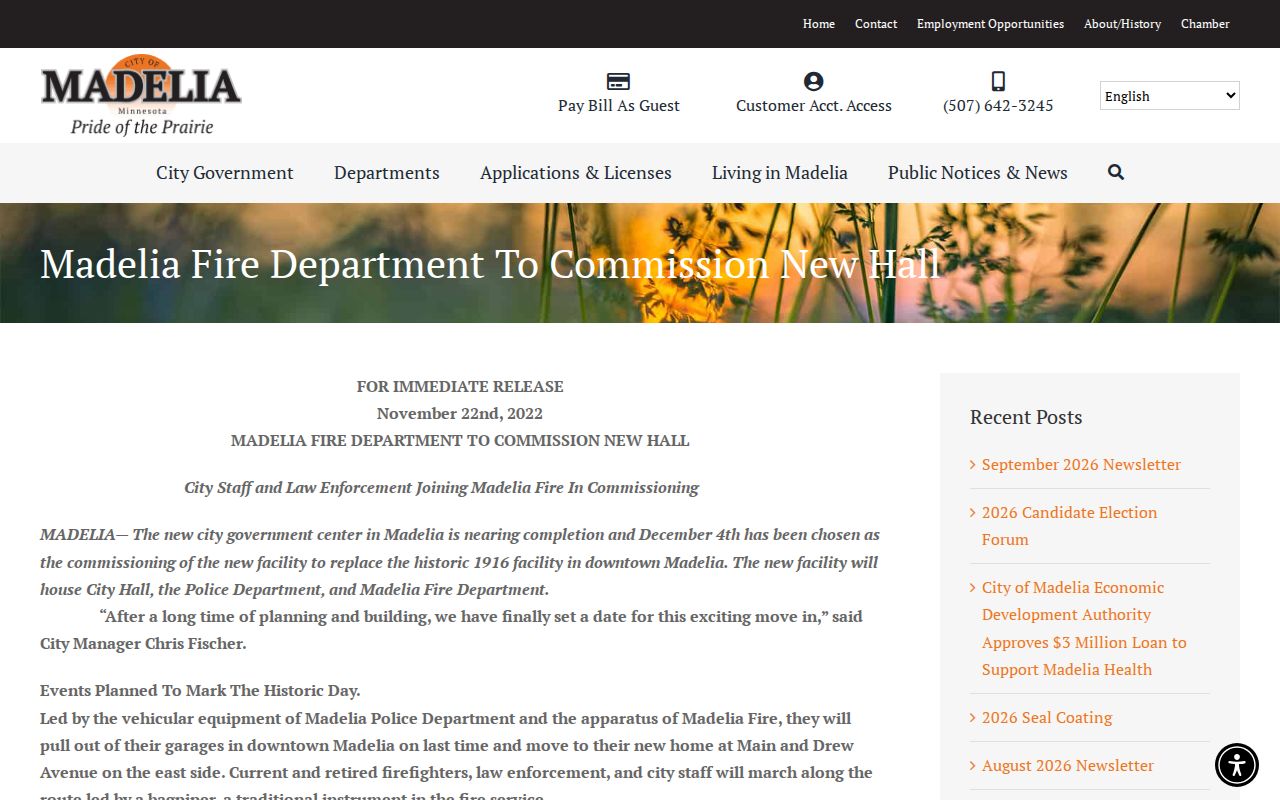 Madelia government center announcement describing the city hall and public safety building used for Madelia city warrant questions