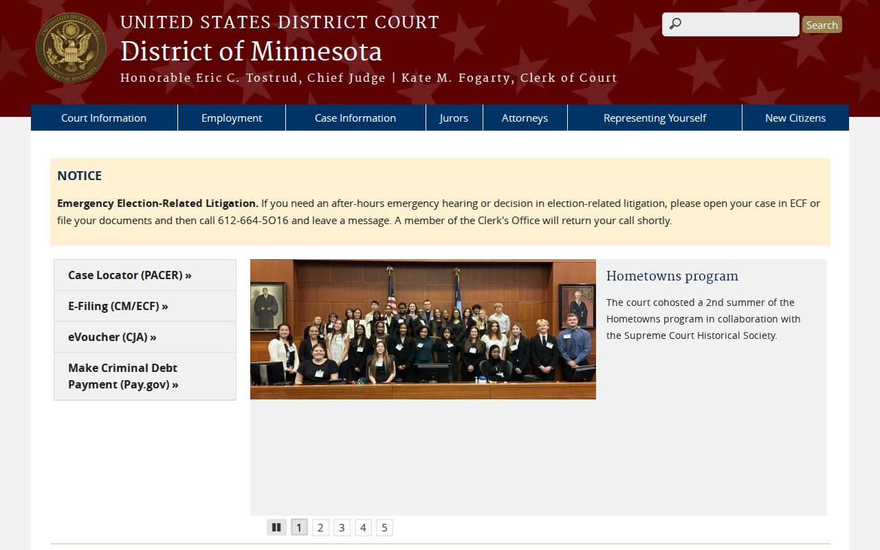 U.S. District Court for the District of Minnesota page listing courthouses for federal Watonwan County arrest warrant research