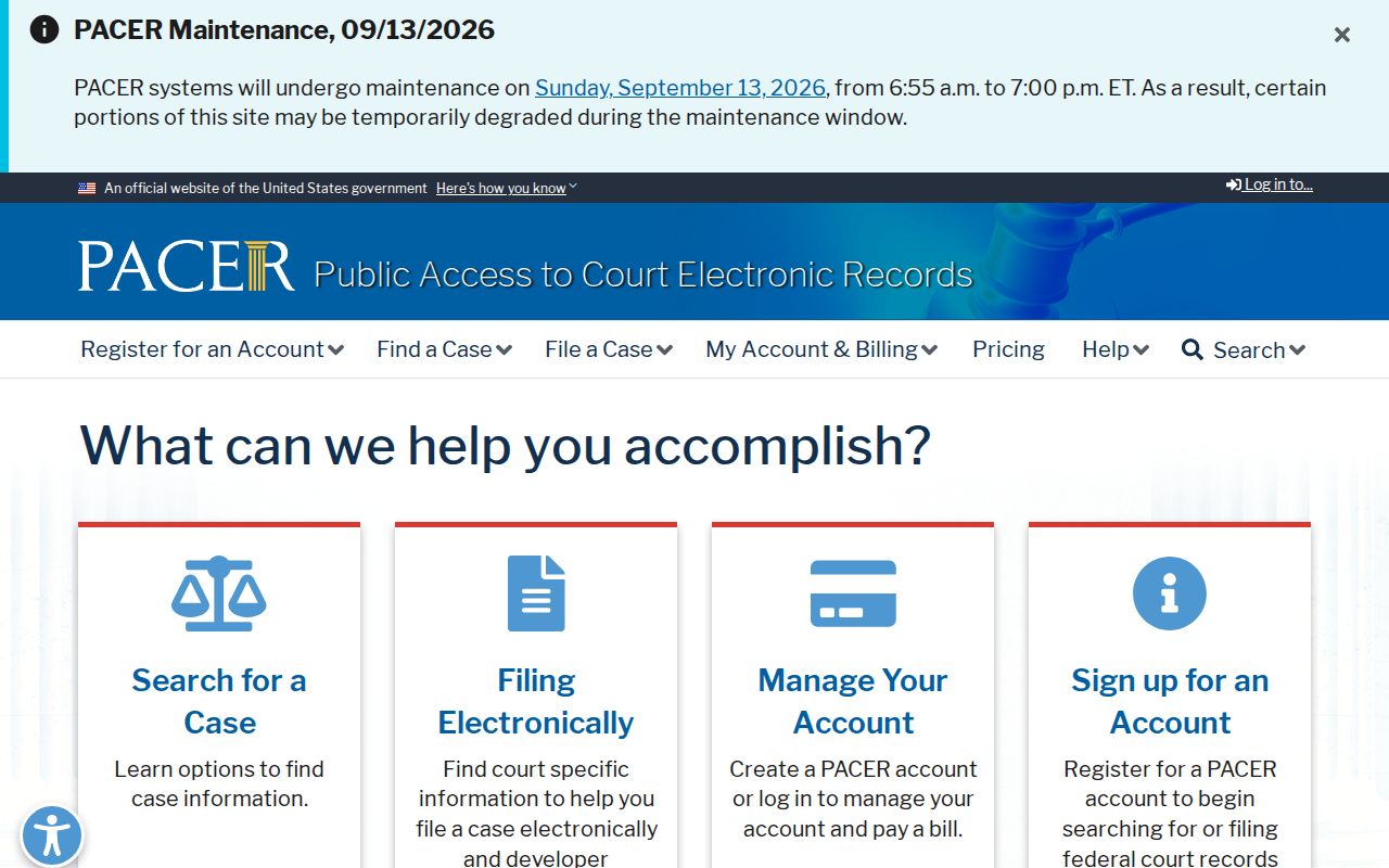 PACER federal case search page used for federal arrest warrant records connected to Watonwan County