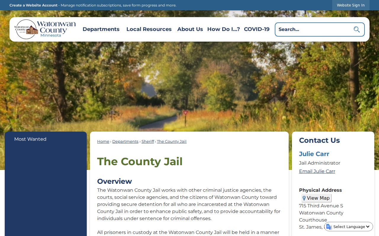 Watonwan County jail page linking the active warrant list used for Watonwan County warrant records