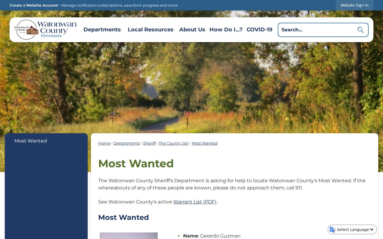Watonwan County Sheriff Most Wanted program page linked from the active warrant list for Watonwan County warrant records